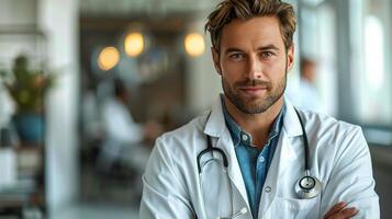 Man With Stethoscope Standing Arms Crossed photo