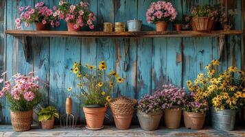 Wooden Table Covered With Various Flowers photo