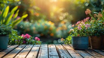 Wooden Table Covered With Various Flowers photo