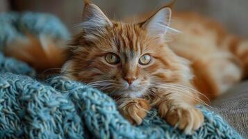 Close Up of a Cat Laying on a Couch photo