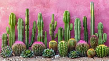 Group of Cactus Plants in Front of Pink Wall photo