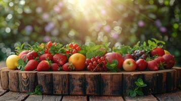 Abundant Fruits and Vegetables on Wooden Table photo