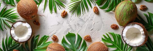 Coconuts and Leaves on a White Surface photo