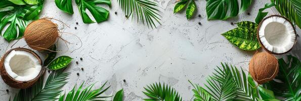 Coconuts and Leaves on a White Surface photo