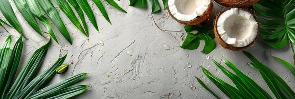 Coconuts and Leaves on a White Surface photo