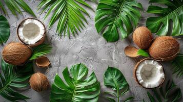 Coconuts and Leaves on a Gray Surface photo