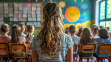 Girl With Glasses Smiling in Classroom photo