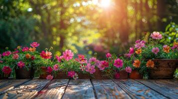 Wooden Table Covered With Various Flowers photo