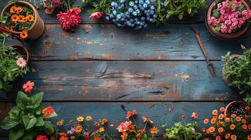 Group of Potted Plants on Wooden Table photo