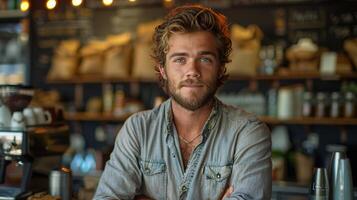 Man Sitting at Bar With Arms Crossed photo