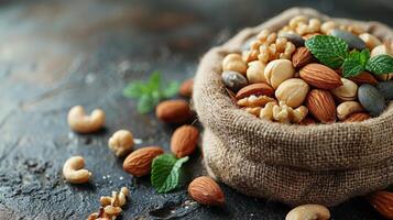 Bowl Filled With Nuts and Mint Leaves photo