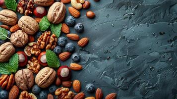 Nuts and Blueberries on a Dark Background photo