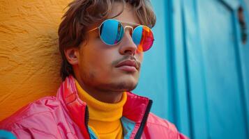 Man Wearing Yellow Jacket and Purple Glasses photo