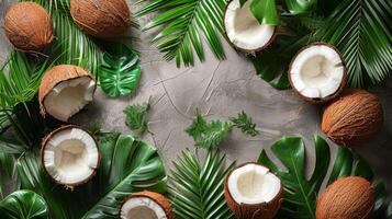 Coconuts and Leaves on a Gray Surface photo