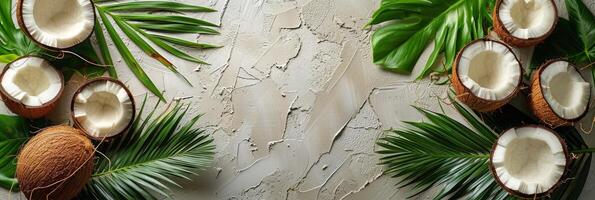 Coconuts and Leaves on a White Surface photo