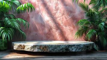 Three Vases With Pink Flowers on a Marble Platform photo