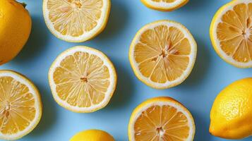 Group of Halved Lemons on Blue Surface photo