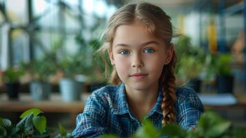 Little Girl Studying Map at Table photo