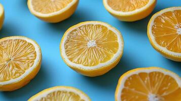 Group of Halved Lemons on Blue Surface photo