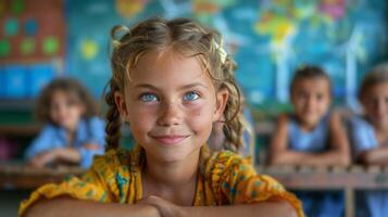 Little Girl Standing in Front of Windmills photo