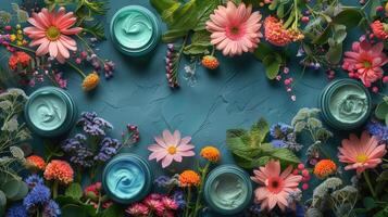 Blue Table Covered With Pink and Yellow Flowers photo