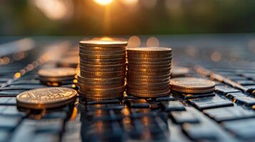 Stack of Coins on Computer Keyboard photo