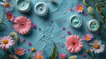 Blue Table Covered With Pink and Yellow Flowers photo