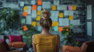 Woman With Long Hair Standing in Front of Desk photo