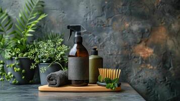 Bottle of Soap, Brush, and Plants on Table photo