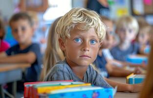 Group of Children Sitting at Desks With Books photo