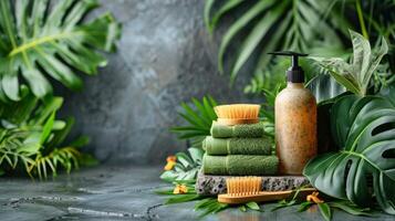 Bottle of Soap, Brush, and Plants on Table photo