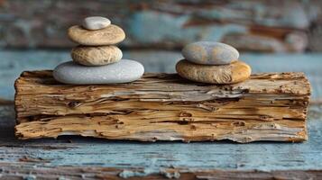 Pile of Rocks on Piece of Wood photo