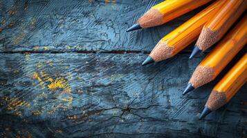 Group of Pencils on Wooden Table photo