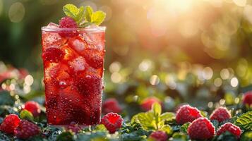 vaso lleno con hielo y fresas foto