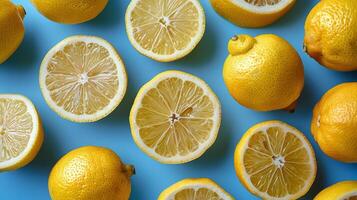 Group of Halved Lemons on Blue Surface photo