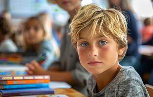 Group of Children Sitting at Desks With Books photo