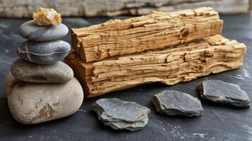 Rock Resting on Wood Chips photo