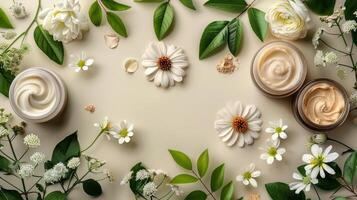 Jar of Cream Surrounded by Green Leaves and Flowers photo