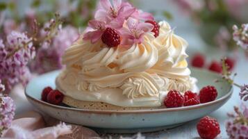 Blue Plate With Whipped Cream and Raspberries photo