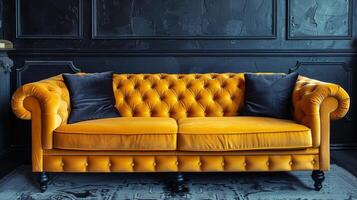 Yellow Couch Against Black Wall photo