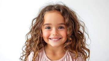 pequeño niña con Rizado pelo sonriente a el cámara foto