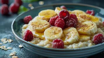 nutritivo cuenco de harina de avena con bananas y frambuesas foto