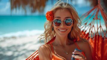 Beautiful Woman in White Bikini Sitting in a Hammock photo