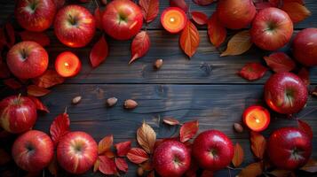 Group of Apples, Oranges, and Leaves on Blue Surface photo