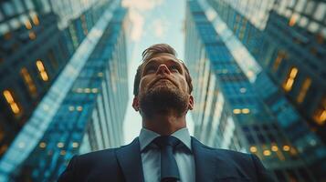 Businessman in Suit Looking Up at Sky photo