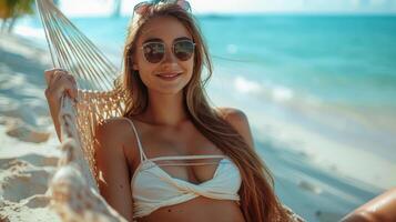 Beautiful Woman in White Bikini Sitting in a Hammock photo