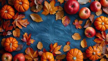 Group of Apples, Oranges, and Leaves on Blue Surface photo