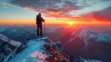 hombre en pie en nieve cubierto montaña foto