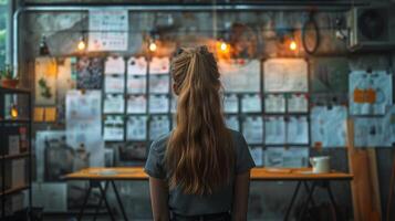 Woman With Long Hair Standing in Front of Desk photo