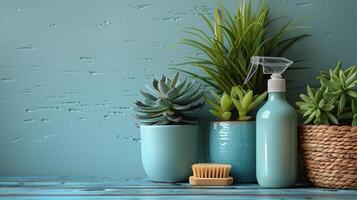 Bottle of Soap, Brush, and Plants on Table photo